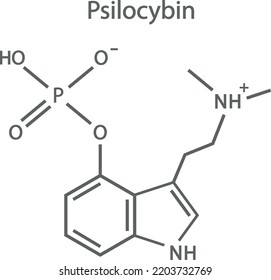 Chemical structure of psilocybin, thin line grey editable formula for a psychodelic prodrug present in fungi.