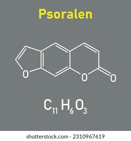 Chemical structure of Psoralen (C11H6O3). Chemical resources for teachers and students. Vector illustration isolated on white background.