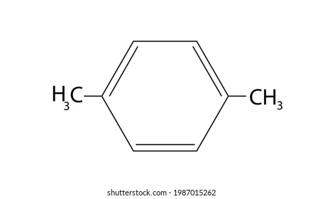 Chemical structure of p-Xylene molecule, para-xylene is an aromatic hydrocarbon, C8H10,  Benzene with two CH3 groups, aromatic ring formula