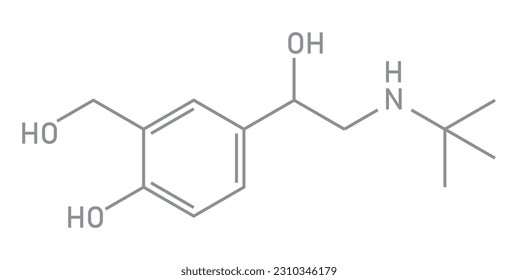 Chemical structure of Salbutamol or albuterol (C13H21NO3). Chemical resources for teachers and students. Vector illustration isolated on white background.