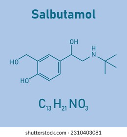 Chemical structure of Salbutamol or albuterol (C13H21NO3). Chemical resources for teachers and students. Vector illustration isolated on white background.