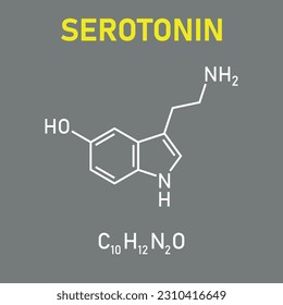 Chemical structure of Serotonin (C10H12N2O). Chemical resources for teachers and students. Vector illustration isolated on white background.