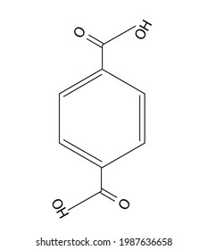 Chemical structure of terephthalic acid in organic chemistry,  benzenedicarboxylic acid carrying carboxy groups at positions 1 and 4. One of three possible isomers of benzenedicarboxylic acid, C8H6O4