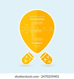 Chemical structure of Tocopherol or Vitamin E. Fat soluble vitamins. Pin symbol floats out of the orange capsule. For use in design various products. Vector EPS10.