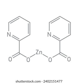 Estructura química del picolinato de zinc (C12H8N2O4Zn). Recursos químicos para profesores y estudiantes. Ilustración vectorial aislada en fondo blanco.