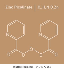 Chemical structure of Zinc Picolinate (C12H8N2O4Zn). Chemical resources for teachers and students. Vector illustration isolated on white background.