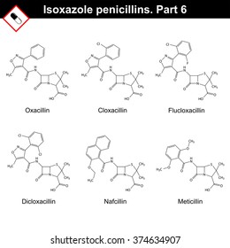 Chemical structures of  isoxazole penicillins - oxacillin, cloxacillin, flucloxacillin, dicloxacillin, nafcillin, meticillin, sixth part, 2d vector on white background, eps 8