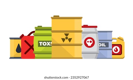 chemical substances containers. metal iron and plastic containers with radioactive wastes, toxic components Radioactive, Flammable substances. Vector cartoon containers.