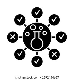 Chemical survey glyph icon. Composition analysis. Quality control. Consumer products test. Health risk testing. Experiment. Lab flask. Silhouette symbol. Negative space. Vector isolated illustration