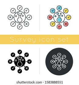 Chemical survey icon. Composition analysis. Quality control, evaluation. Health risk testing. Experiment. Lab flask. Glyph design, linear, chalk and color styles. Isolated vector illustrations