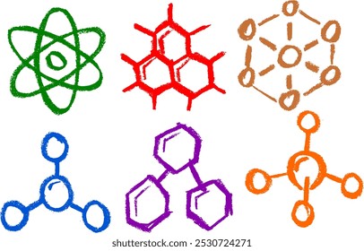 Símbolo químico relacionado ícones giz de giz de giz de cera desenho vetor conjunto