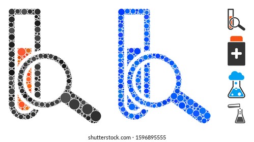 Chemical test mosaic of circle elements in variable sizes and shades, based on chemical test icon. Vector circle elements are composed into blue composition.