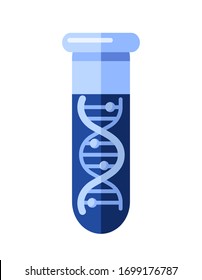 Chemical Test Tube With Blue Liquid, Double Helix Molecule. Test Tube With Dna. Biotechnology, Genetic Engineering Or Medical Technology Concept. Vector Illustration Isolated On White.