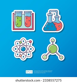 Tubo de ensayo químico, experimento de laboratorio de química, molécula átomo. icono de pegatina plana de conocimiento y educación. ilustración de la ciencia y los vectores escolares