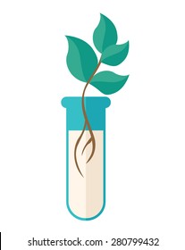 A Chemical test tube with green plant. A Contemporary style. Vector flat design illustration isolated white background. Vertical layout.