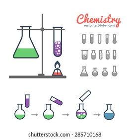 Chemical test tube icons set with laboratory tripod, chemical burner and illustration of process chemical reaction. Chemical lab equipment isolated on white. 