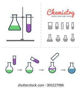 Chemical test tube icons set with laboratory tripod and illustration of process chemical reaction. Chemical lab equipment isolated on white. 
