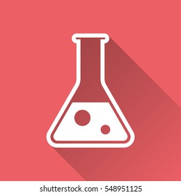 Chemical test tube pictogram icon. Laboratory glassware or beaker equipment isolated on red background with long shadow. Experiment flasks. Trendy modern vector symbol. Simple flat illustration