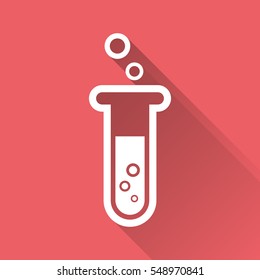 Chemical test tube pictogram icon. Laboratory glassware or beaker equipment isolated on red background with long shadow. Experiment flasks. Trendy modern vector symbol. Simple flat illustration