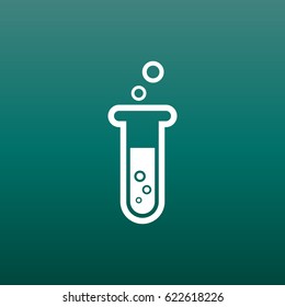 Chemical test tube pictogram icon. Chemical lab equipment isolated on green background. Experiment flasks for science experiment. Trendy modern vector symbol. Simple flat illustration