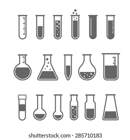 Chemical Test Tube Pictogram Icons Set. Chemical Lab Equipment Isolated On White. Experiment Flasks For Science Experiment. 