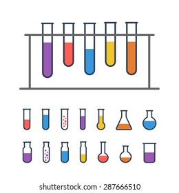 Chemical Test tube rack with flasks. Chemical lab equipment isolated on white. Experiment flasks for science experiment. 