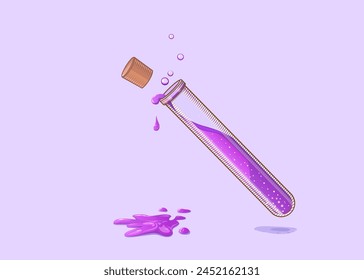 Chemical test tube in vector. A glass test tube with a stopper from which a substance splashes out. Laboratory experiments concept. Home and school experiments for children's master class.