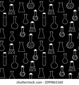 chemical test tubes and flasks seamless pattern hand drawn doodle, vector. line art, nordic, scandinavian, minimalism, monochrome. wallpaper, textiles, print, wrapping paper background