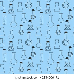 Chemische Prüfröhren und -flaschen nahtlos handgezeichnet Muster, Vektor. Linienkunst, nordische, skandinavische Kunst, Minimalismus, Monochrom. Tapete, Textilien, Druck, Verpackungspapier, Hintergrund.
