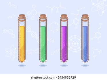 Chemical test tubes with multi-colored liquid. Elements for an online master class on the site. Advertising of chemistry courses for school and college. Home experiments for children and parents