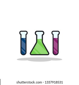 Chemical test tubes with research material, scientific and educational equipment set icons on white background