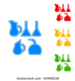 Chemical test tubes set. Chemical lab equipment isolated on white. Experiment flasks for science experiment. Colorful set of icon - blue, red, yellow, green.