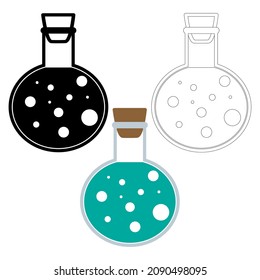 Tubos de ensayo químicos en iconos vectoriales conjunto de tres ilustraciones planas simples minimalistas. Máscaras químicas experimentales para la ciencia aisladas en el fondo blanco.