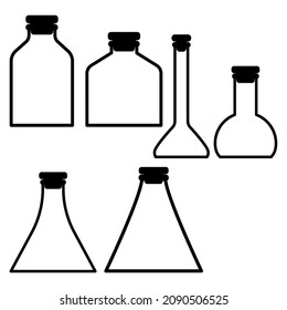 Chemical test tubes vector icons set of six minimalist simple flat illustrations. Experiment chemical flasks for science isolated on white background.