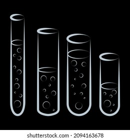 Chemical test tubes vector icons set minimalist simple illustrations. Experiment chemical flasks for science isolated on black background.