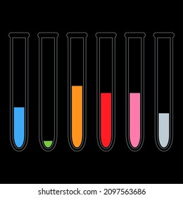 Los iconos vectoriales de los tubos de ensayo químicos establecen ilustraciones planas simples y minimalistas. Máscaras químicas experimentales para la ciencia aisladas en el fondo negro.