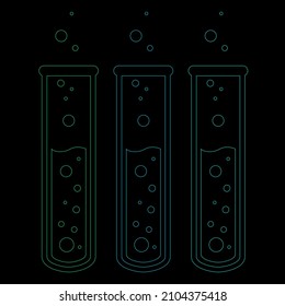 Chemical test tubes vector icons set minimalist simple flat illustrations. Experiment chemical flasks for science isolated on black background.