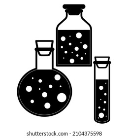 Chemical test tubes in vector icons set of three minimalist simple flat illustrations. Experiment chemical flasks for science isolated on white background.