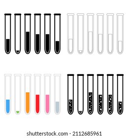 Chemical test tubes vector icons set of different types of flasks minimalist simple flat illustrations. Experiment chemical flasks for science isolated on white background.