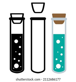 Chemical test tubes vector icons set minimalist simple flat illustrations. Experiment chemical flasks for science isolated on white background.