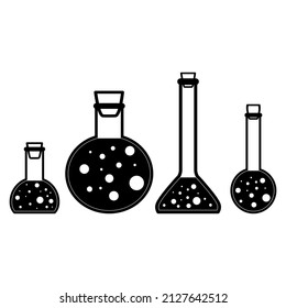 Tubos de ensayo químicos iconos vectoriales conjunto de cuatro tipos diferentes de matraces ilustraciones simples minimalistas planos. Máscaras químicas experimentales para la ciencia aisladas en el fondo blanco.