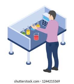 Chemical testing isometric icon design, lab experiment