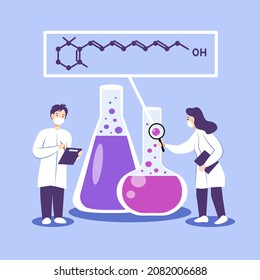 Chemical tests in lab with scientific characters researchers. Biotechnology conceptual vector illustration in flat style.