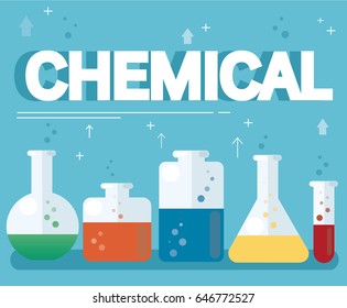 chemical text and colorful laboratory filled with a clear liquid and blue background 
