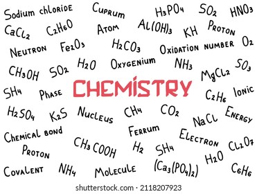 Chemical theme background with chemical formulas in doodle style. The inscription "Chemistry" in the middle of the picture. Hand Drawn. White chalk is drawn on a green school board.
