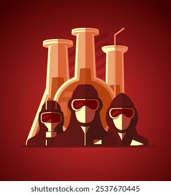Chemical theme sign with workers wearing protective suits and masks, test tubes on the backdrop