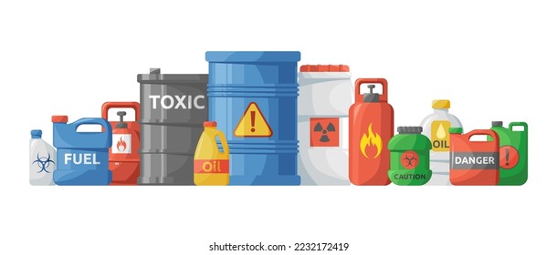 Chemical toxic hazards. Radioactive substance. Flammable and explosive oil. Waste container. Gas cask. Plastic bottle. Metal barrel. Danger liquid storage. Vector illustration garish set