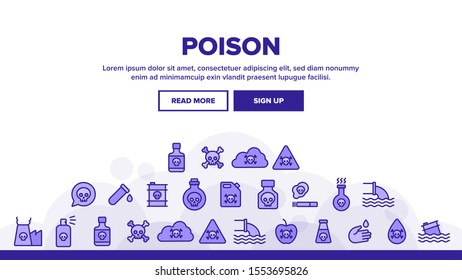 Chemical Toxic Poison Landing Web Page Header Banner Template Vector. Toxic In Barrel, Poisonous Water, Substance In Flask, Skull With Bones Concept Illustration