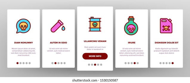 Chemical Toxic Poison Onboarding Mobile App Page Screen Vector Icons Set Thin Line. Toxic In Barrel, Poisonous Water, Substance In Flask, Skull With Bones Linear Pictograms. Contour Illustrations