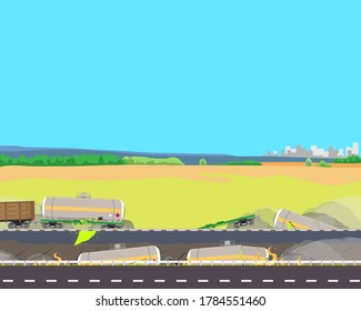 The Chemical Train has failed brakes and derailed. Vector illustration